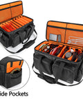 DJ Cable Organizer Bag With Detachable Padded Bottom And Dividers, open showing flexible divider system and bright interior