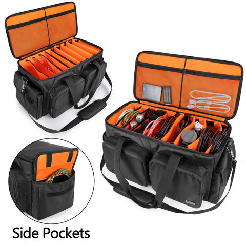 DJ Cable Organizer Bag With Detachable Padded Bottom And Dividers, open showing flexible divider system and bright interior