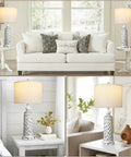 Two Modern 26 Inch Table Lamps With USB A And USB C Ports, 3 Way Dimmable Touch Control, White Linen Shade, Resin Coastal White Gray Nightstand Lights in a living room and bedroom setting.