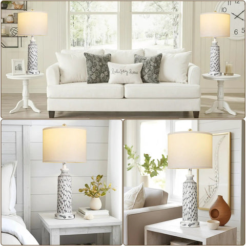 Two Modern 26 Inch Table Lamps With USB A And USB C Ports, 3 Way Dimmable Touch Control, White Linen Shade, Resin Coastal White Gray Nightstand Lights in a living room and bedroom setting.
