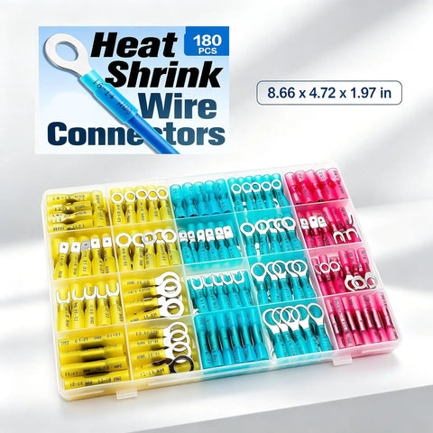 Top Tier 180 Piece Heavy Duty Heat Shrink Wire Connector Kit With Waterproof Marine Grade Ring Fork Spade Butt Terminal Assortment in organized case.