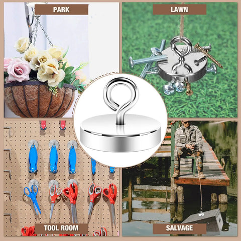 Heavy Duty Silver Fishing Magnet 2.0 Inch With Eyebolt Handle 350lb Neodymium Pickup Magnet for versatile metal retrieval.