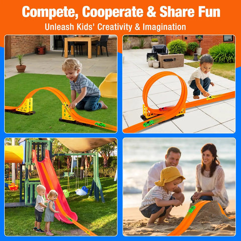 Children playing with Flexible Roll Up Race Track For Kids Outdoor Toys Portable DIY Race Car Track Lets 1 64th Diecast Cars.
