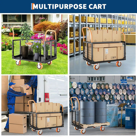 Heavy Duty Folding Utility Cart And Cage Platform Truck With 1800 Lb Capacity transporting boxes and plants in various settings.