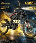 Adult Off Road Electric Dirt Bike Featuring A Badass 16800W Peak Motor And Massive 72V 50Ah Battery For Serious Torque Beast Mode Riding Along With Dual Shock Suspension And Grippy Wide Tires, showcased in urban night setting.