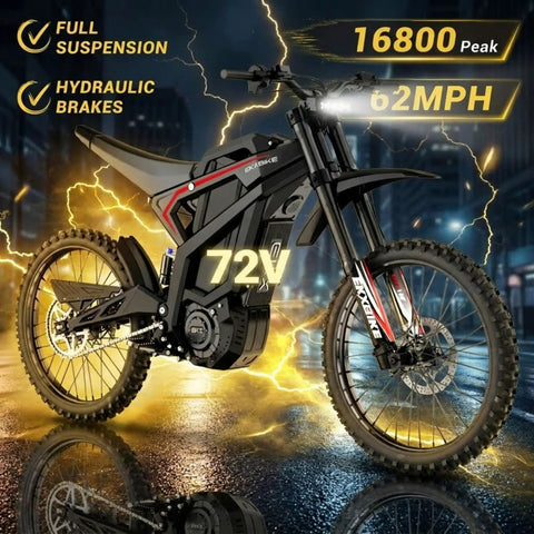 Adult Off Road Electric Dirt Bike Featuring A Badass 16800W Peak Motor And Massive 72V 50Ah Battery For Serious Torque Beast Mode Riding Along With Dual Shock Suspension And Grippy Wide Tires, showcased in urban night setting.