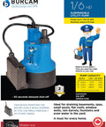 Automatic Submersible Utility Pump 1/6 HP with corrosion-resistant thermoplastic body, auto shutoff, 3/4 in discharge shown with features.