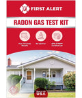 Radon Gas Test Kit packaging showing a house with EPA and NRPP certified lab icons, labeled 'Fast, Accurate Results' and 'No Lab Fee'.