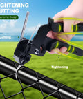 Heavy Duty 304 Stainless Steel Cable Tie Gun Kit with 100 Metal Zip Ties in action, cutting and tightening metal ties.