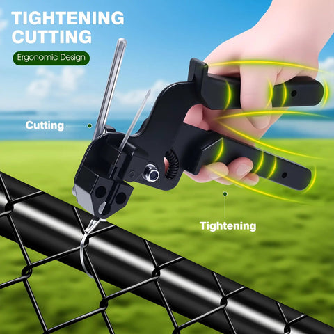 Heavy Duty 304 Stainless Steel Cable Tie Gun Kit with 100 Metal Zip Ties in action, cutting and tightening metal ties.