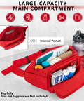 Rugged First Aid Fanny Pack With MOLLE System Lifeguard Emergency Medical Waist Bag For Hiking Camping And Work Includes Whistle D Ring Front Patch Panel Red with open compartment showing contents.
