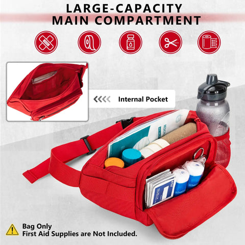 Rugged First Aid Fanny Pack With MOLLE System Lifeguard Emergency Medical Waist Bag For Hiking Camping And Work Includes Whistle D Ring Front Patch Panel Red with open compartment showing contents.
