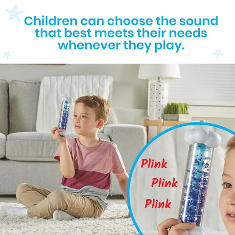 Child using Calming Rain Sensory Tubes For Kids, Chill Rain Sound Fidget Toys, demonstrating mindfulness in living room.
