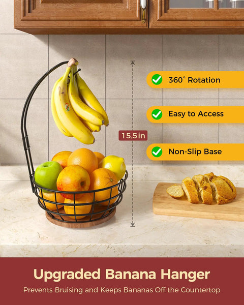Smooth Spinning 360 Degree Rotating Fruit Bowl With Hefty Capacity Deep Basket And Solid Banana Stand For Kitchen Counter Organization With Bananas