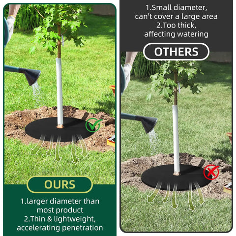 Comparison of 39 Inch Weed Barrier Mat For Your Yard And Garden Non Woven Tree Mulch Ring Protectors with a small diameter mat for weed control.