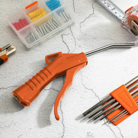 Heavy Duty 2 Pack Air Blow Gun Set With Ergonomic Pistol Grip And Solid Iron Barrel Reliable Compressor Nozzle For Daily Grind Cleanups Dust Blasting And Mechanic Detailing In Bright Orange on a work surface.