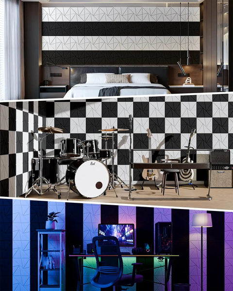 Twelve Pack Straight Up Soundproof Foam Panels For Walls Self Adhesive High Density Acoustic Treatments To Smooth Out Room Reverb And Kill Echo In Home Studios Black in a bedroom, music studio, and gaming setup.