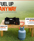 Dual Fuel Portable Camping Stove 3000W With Butane And Propane on table with gas tank, auto ignition knob visible
