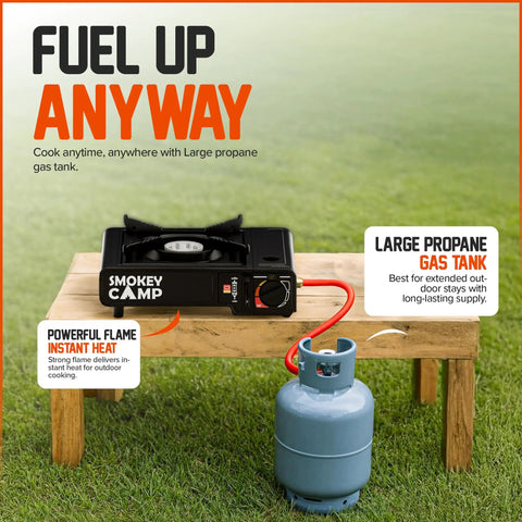 Dual Fuel Portable Camping Stove 3000W With Butane And Propane on table with gas tank, auto ignition knob visible