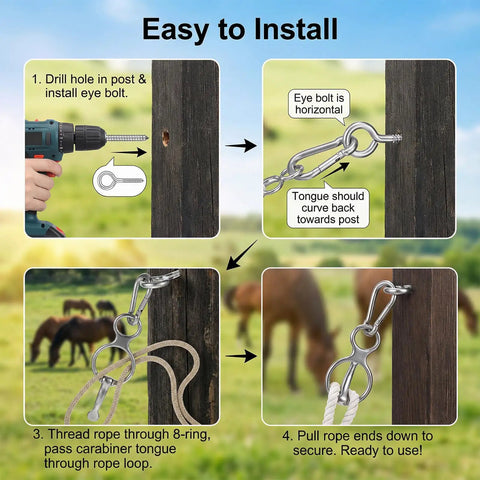 Installation guide for Two Pack Magnetic Horse Tie Ring Set With Stainless Steel Rings, Eye Bolt, And Quick Snap.