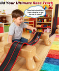 Child playing with Hot Wheels Compatible 15 Ft Flexible Race Track Starter Set With Sturdy Suction Cups Rolls Up Portable Wall Ramp And Spiral Track For 1 64th Scale Diecast Cars Kid Friendly Red And Black in playroom.