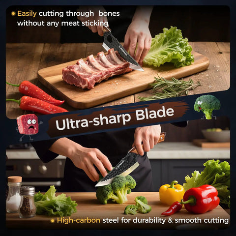 Using chef knife from Three Piece Hand Forged Butcher Knife Set With Gift Box Includes Chef Knife Meat Cleaver And Viking Deboning Knife