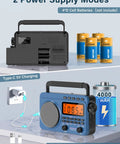 Back view of Portable AM FM Shortwave Radio With NOAA Weather Alert, slots for 4D cells, Type C charging and 4000mAh battery.