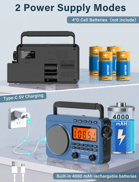 Back view of Portable AM FM Shortwave Radio With NOAA Weather Alert, slots for 4D cells, Type C charging and 4000mAh battery.