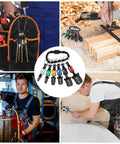 Collage of 12 Piece HVAC Swage Tool Set With Bit Holder in use, showcasing copper pipe expansion, drill bits, heavy duty HHS steel.