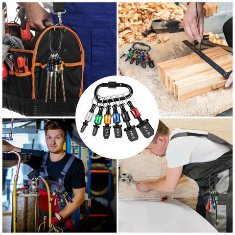 Collage of 12 Piece HVAC Swage Tool Set With Bit Holder in use, showcasing copper pipe expansion, drill bits, heavy duty HHS steel.