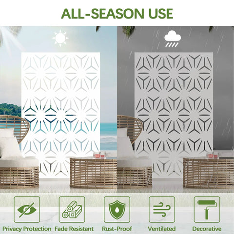 White Metal Privacy Screen With Stand Freestanding Outdoor Fence Panel 72 Inch High By 44 Inch Wide Floral Design For Patio Deck Balcony in sun and rain demo