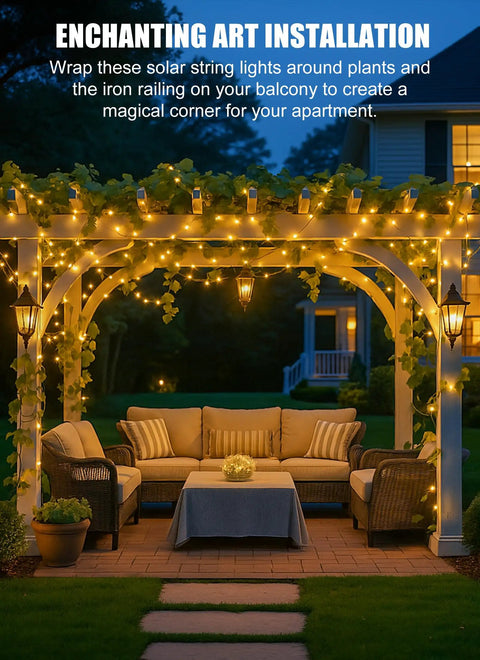 Two Pack Outdoor Solar String Lights 66 Ft Total With 200 LED Warm White Fairy Lights on patio pergola at night