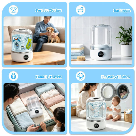 Rechargeable Mini Portable Washing Machine For Underwear And Baby Clothes Compact Travel Laundry Cleaner Lightweight for pet and baby clothes shown in various settings.