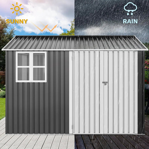 10 Ft By 8 Ft Metal Outdoor Storage Shed With Windows And Lockable Doors Sloped Roof Waterproof Rain Or Shine Ready Gray And White