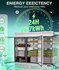 Straight Up Heavy Duty 72 Cu Ft Three Door Reach In Upright Commercial Freezer With Twelve Adjustable Shelves And Premium Stainless Steel Finish showing energy efficiency details and open shelves.