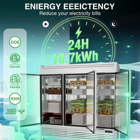 Straight Up Heavy Duty 72 Cu Ft Three Door Reach In Upright Commercial Freezer With Twelve Adjustable Shelves And Premium Stainless Steel Finish showing energy efficiency details and open shelves.