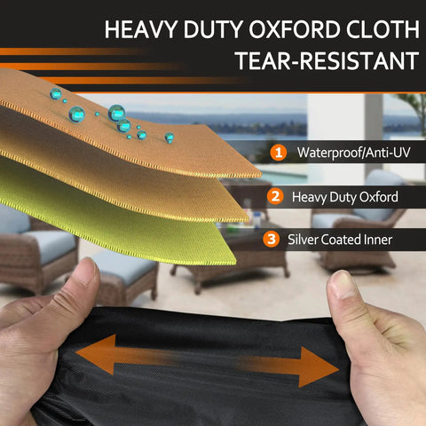 Diagram of Waterproof Patio Chair Cover layers with Oxford cloth, showing waterproof, tear-resistant materials.