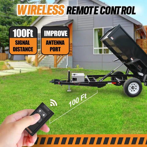 High Power Wireless Dump Trailer Remote Controller For 12V Hydraulic Systems, No Wires, hand holding remote with trailer in background.