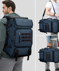 Carry On Travel Backpack For Men And Women Airline Approved Convertible Nylon Duffle Style Luggage Bag With Multiple Pockets Eco Friendly Recycled Nylon Durable For Weekend Getaways And Business Trips Blue in three views.