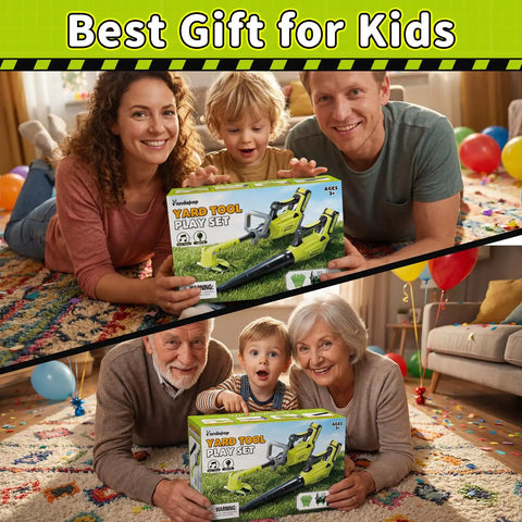 Kids 2 In 1 Gardening Tools Set With Leaf Blower And Toy Lawn Mower Lights And Sounds showcased by family indoors
