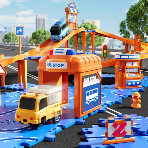 Totally Cool Puzzle Race Car Track Set For Kids Ages 3 To 8 DIY floor car track with bus stop, ramps, and road signs.