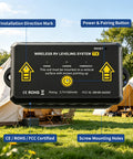 Dead Set Accurate Wireless RV Leveler With Six Axis Gyroscope Sensor And Crisp Digital Screen showing installation marks and charging info.
