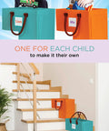 Orange and teal Grab-and-Go Staircase Storage Basket With Handles For Carpeted And Wooden Stairs on staircase