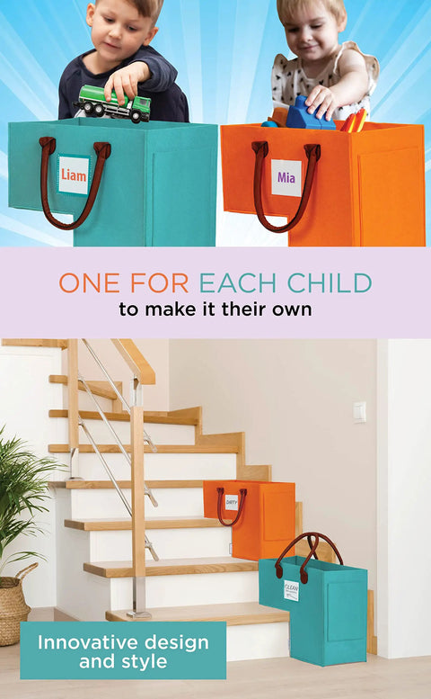 Orange and teal Grab-and-Go Staircase Storage Basket With Handles For Carpeted And Wooden Stairs on staircase