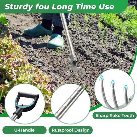 Pro Grade Garden Hoe With 77 Inch Adjustable Handle for heavy duty weeding, showing metal blade and ergonomic handle in use.