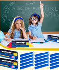 Two students in classroom using Desk Name Plates Holder Set For Classroom With 20 Holders And Chalkboard Style Name Tags