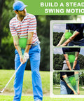 Golfer using The Connector Golf Training Aid For Posture Correction And Swing Mechanics, green foam trainer in action on course.