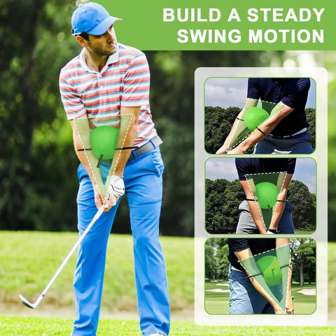 Golfer using The Connector Golf Training Aid For Posture Correction And Swing Mechanics, green foam trainer in action on course.
