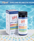 pH Test Strips 0 to 14, 100 Universal Litmus Paper next to product box on water background for liquid testing
