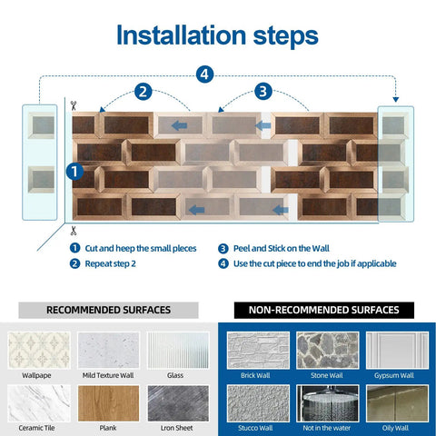Installation steps for Peel And Stick Kitchen Backsplash Tiles Set 10.24 By 10.31 Inches, adhesive metal copper look design instructions.
